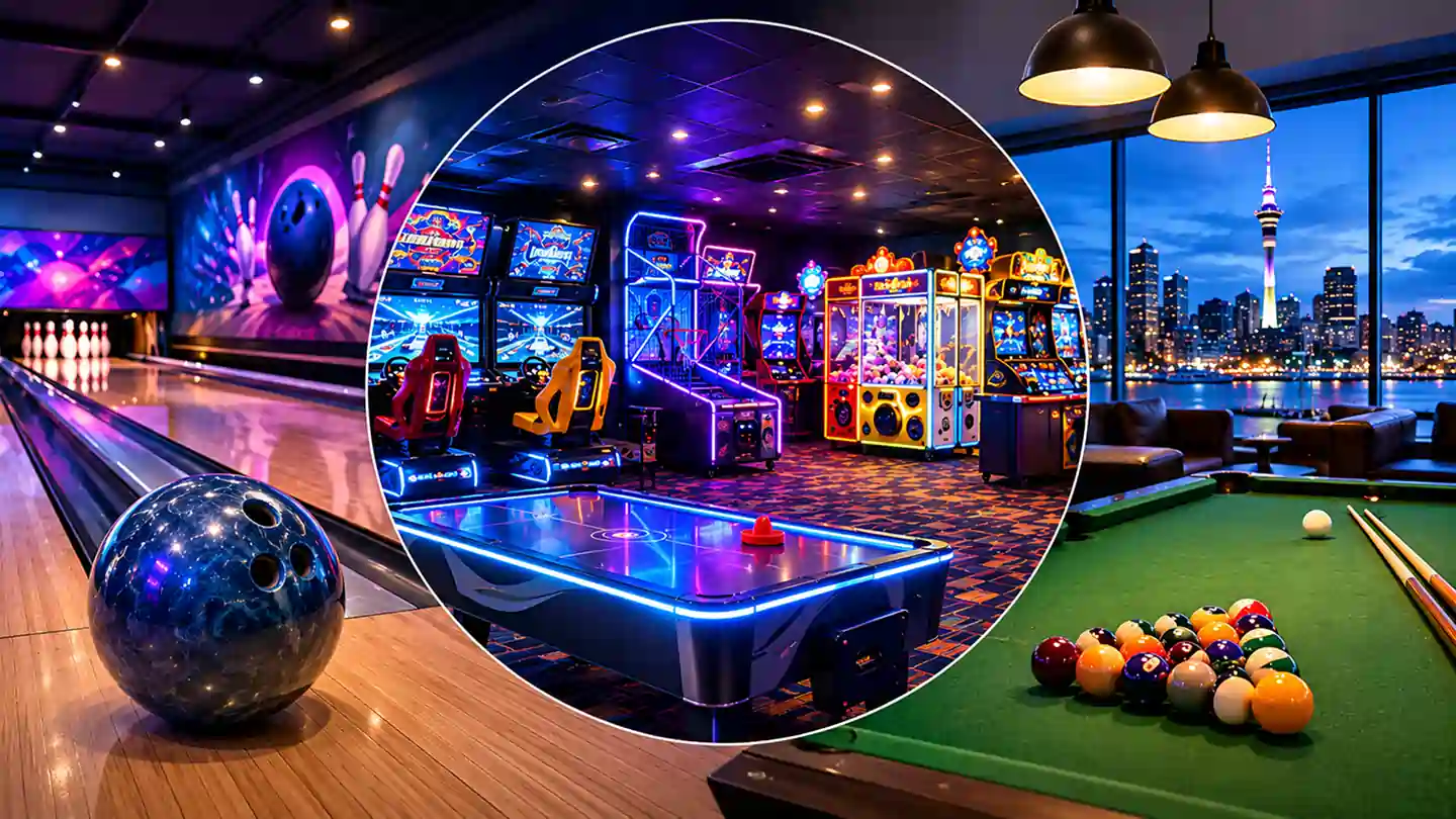 Bowling alley, neon-lit arcade with air hockey, and pool table with city skyline backdrop in an entertainment lounge.
