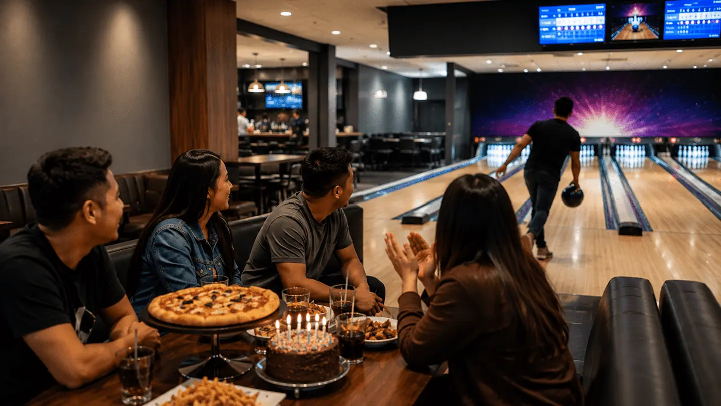 Four friends at a birthday celebration enjoy pizza and cake while watching one person bowl at a bowling alley.