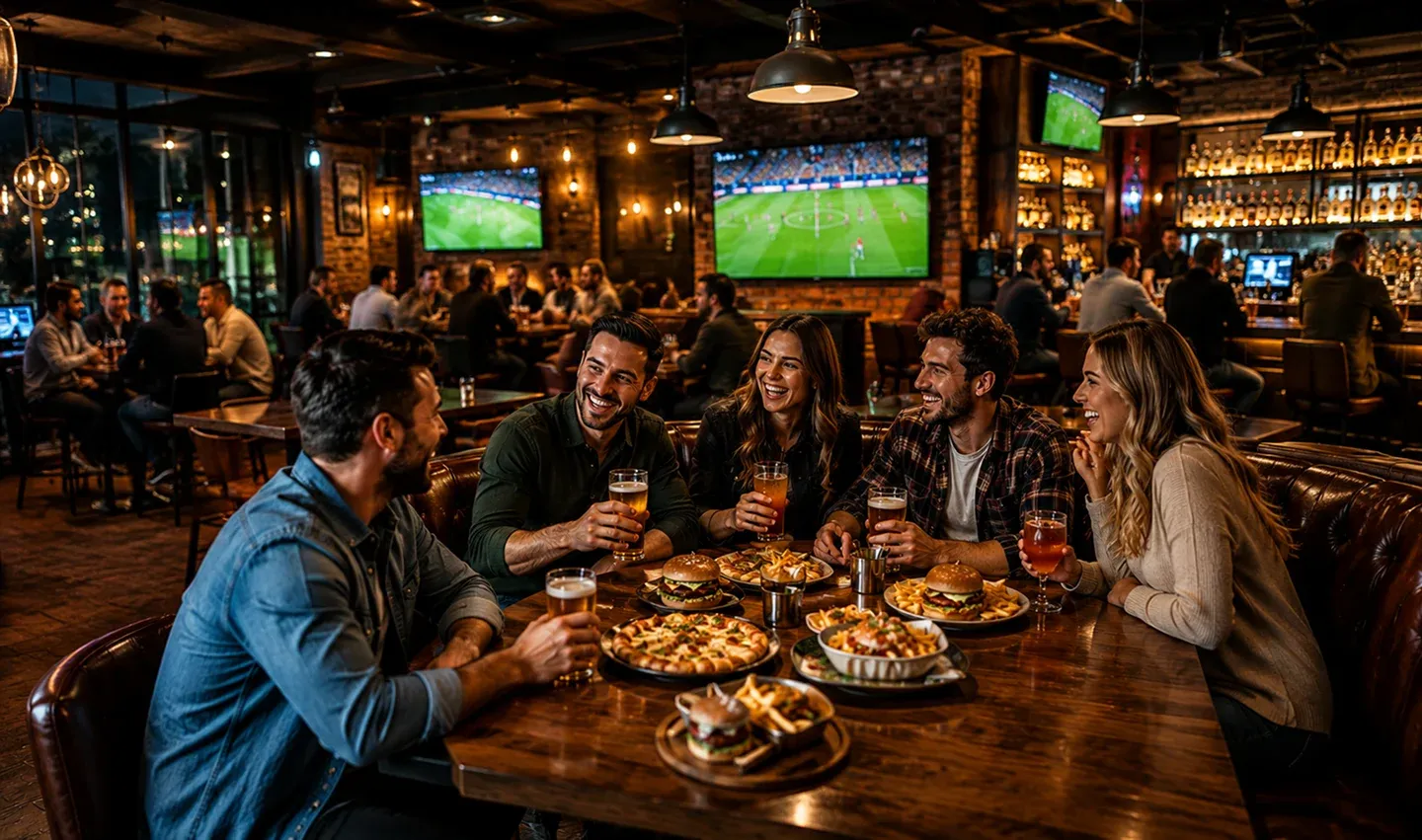 Group of friends enjoying drinks and food in a cozy sports bar with TVs showing a soccer match in the background.