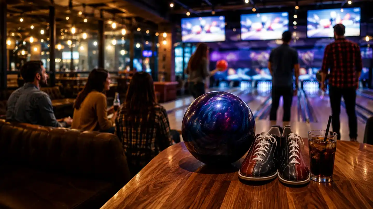 Bowling ball, shoes, and drink on a table with people socializing and playing bowling in the background at a vibrant bowling alley.