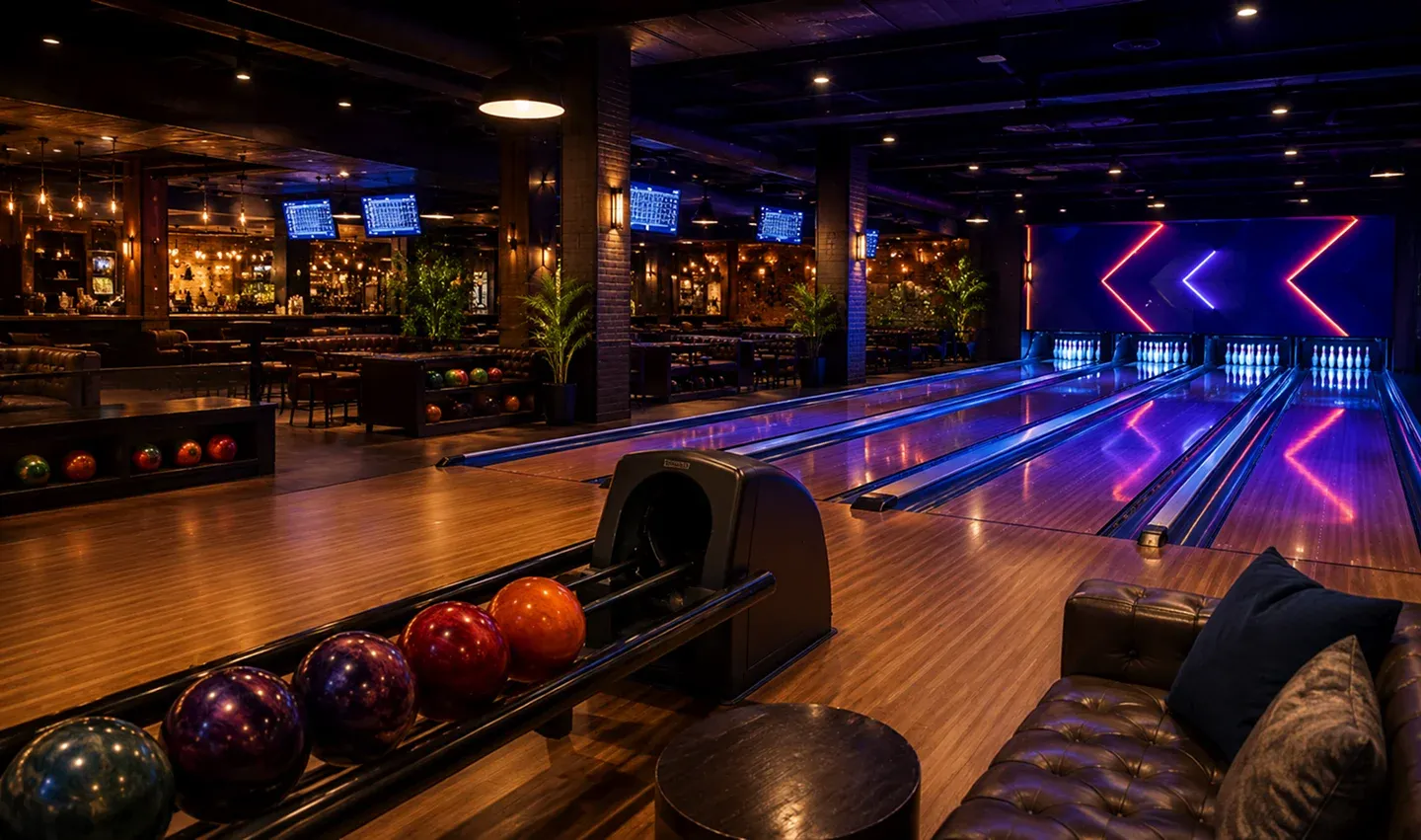 Modern bowling alley with polished lanes, colorful bowling balls, neon arrow lights, and cozy seating in a warmly lit interior.