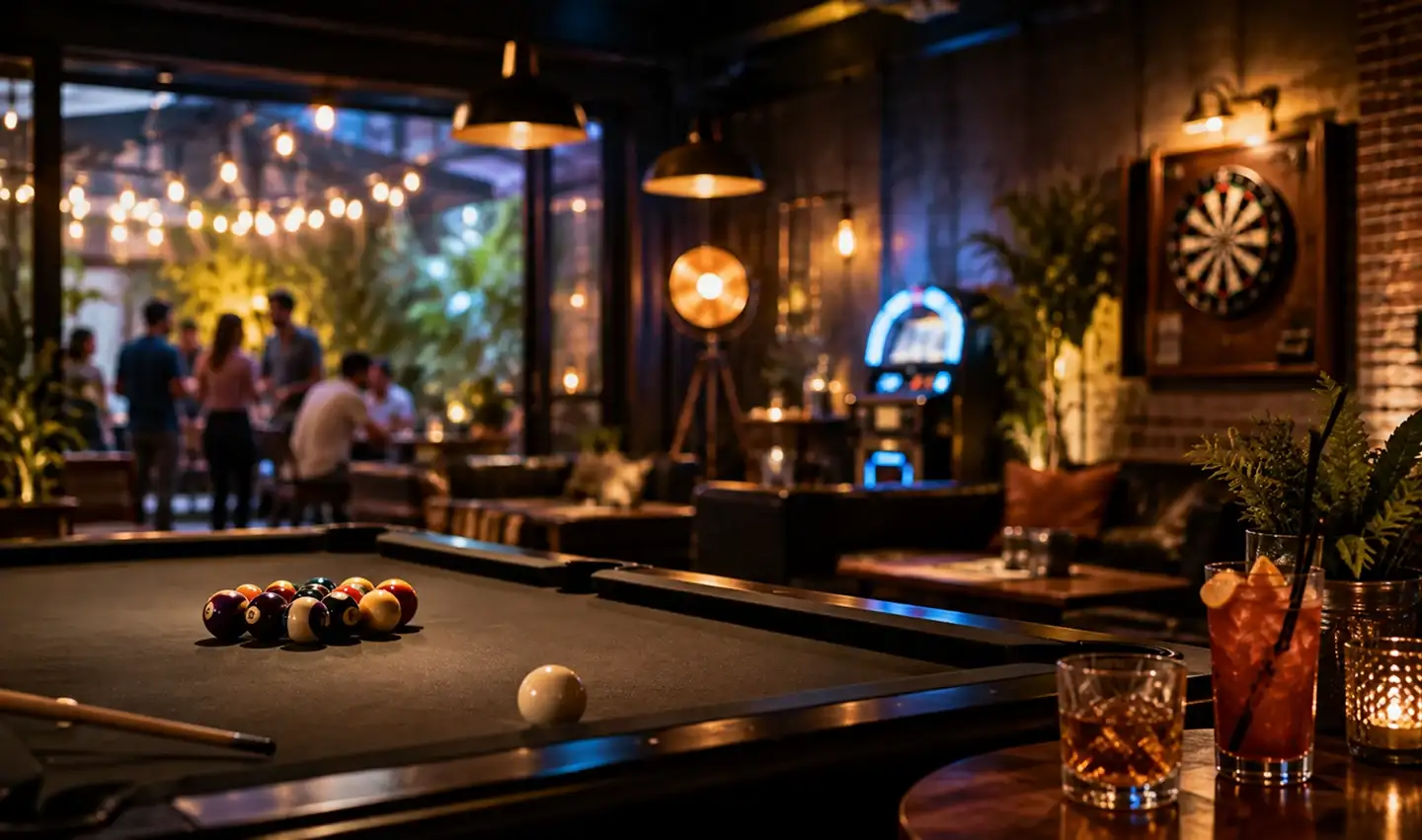 Cozy bar scene with a pool table, drinks on a table, dartboard, and a group of people socializing under string lights.