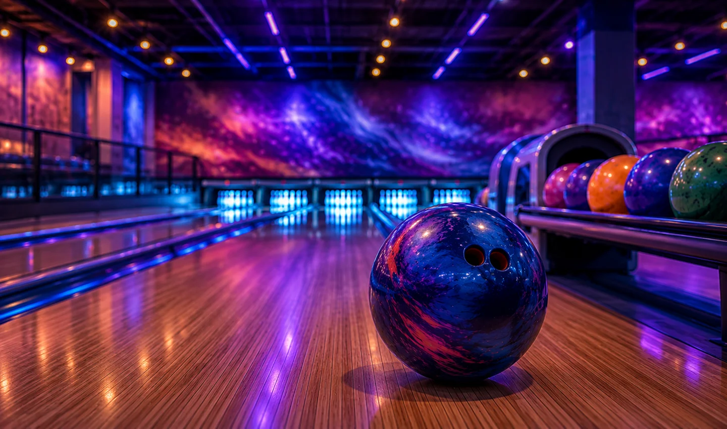 Bowling alley with a shiny blue and purple bowling ball on the wooden lane, vibrant neon lights, and colorful balls on the rack.