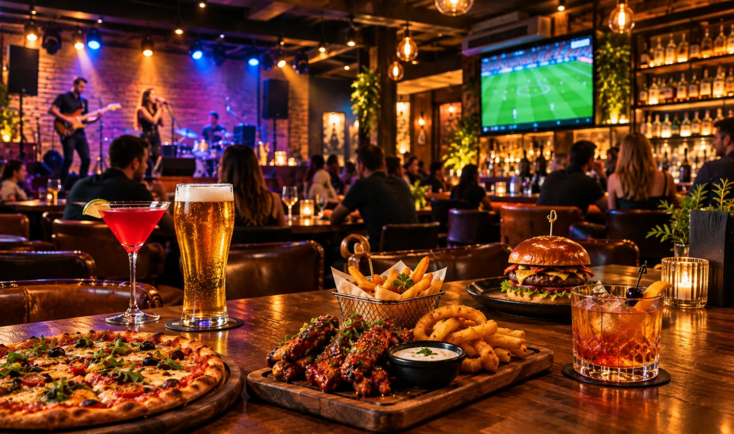 Bar scene with a live band, people dining, and a table featuring pizza, wings, fries, burger, and cocktails.