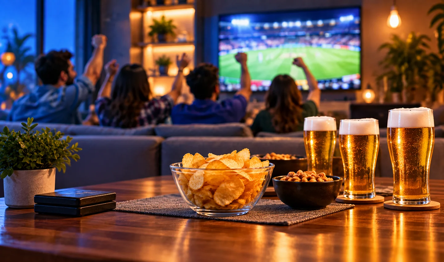 Group of friends cheering while watching a soccer game on TV with snacks and beers on the table in a cozy living room.