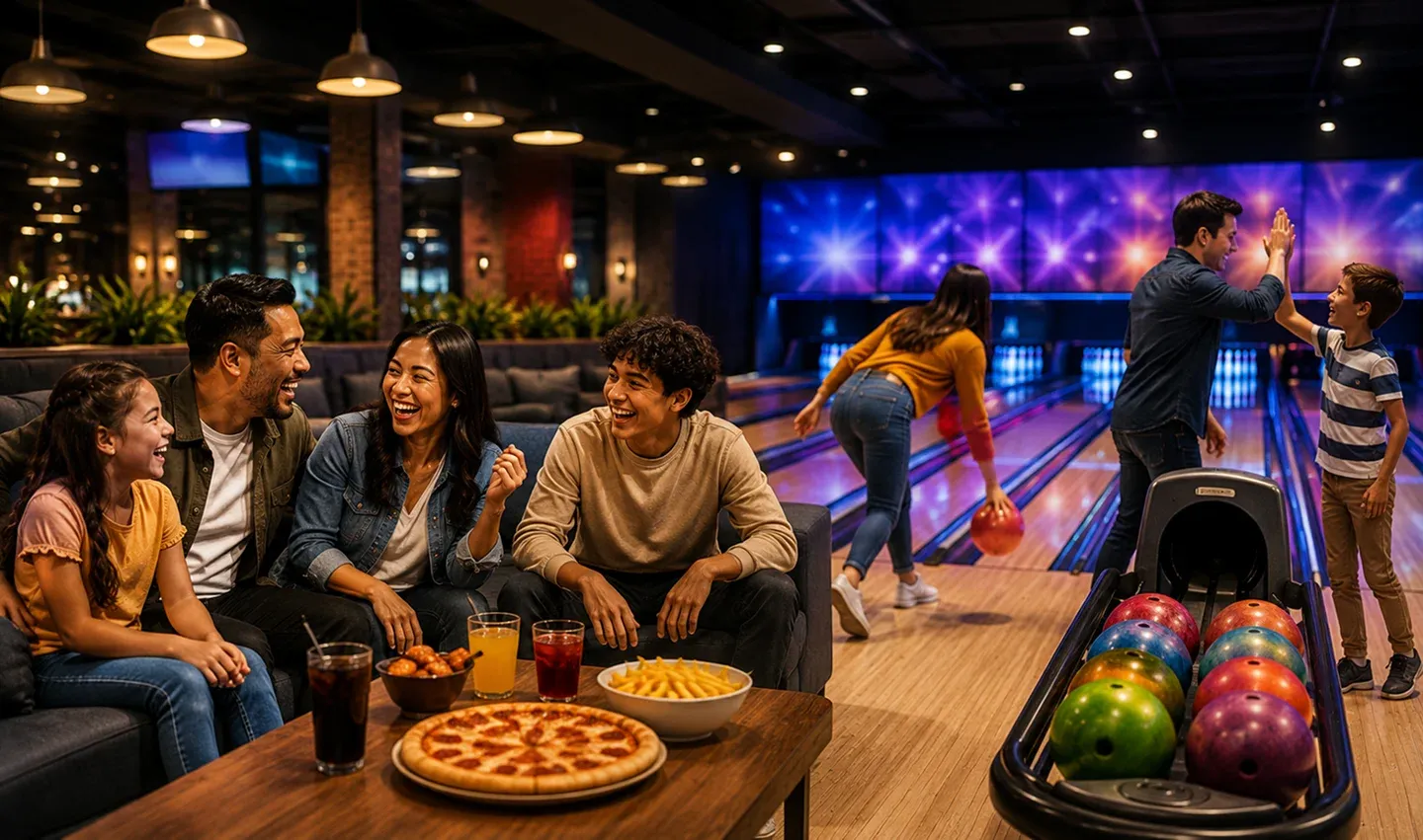 Group of people enjoying bowling, laughing on couch with pizza and snacks, while others bowl and high-five at the lanes in a vibrant bowling alley.